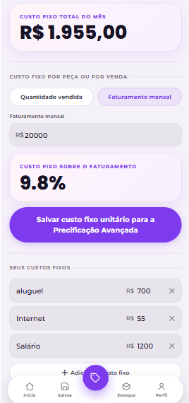 Tela de custos fixos do Precifique
