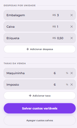 Tela de custos variáveis do Precifique