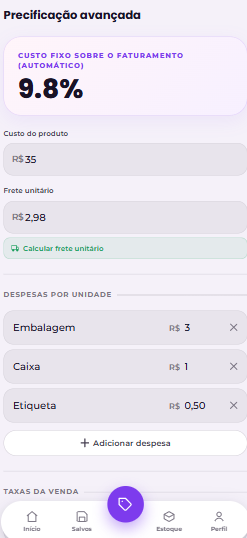 Tela de precificação avançada do Precifique