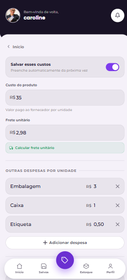 Tela de precificação do Precifique
